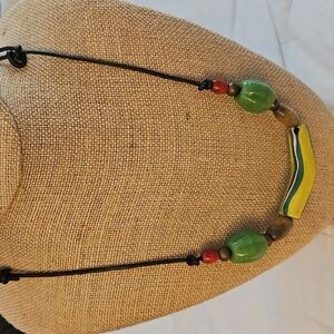 OOAK AFRICAN Glass Bead Handmade Leather Necklace